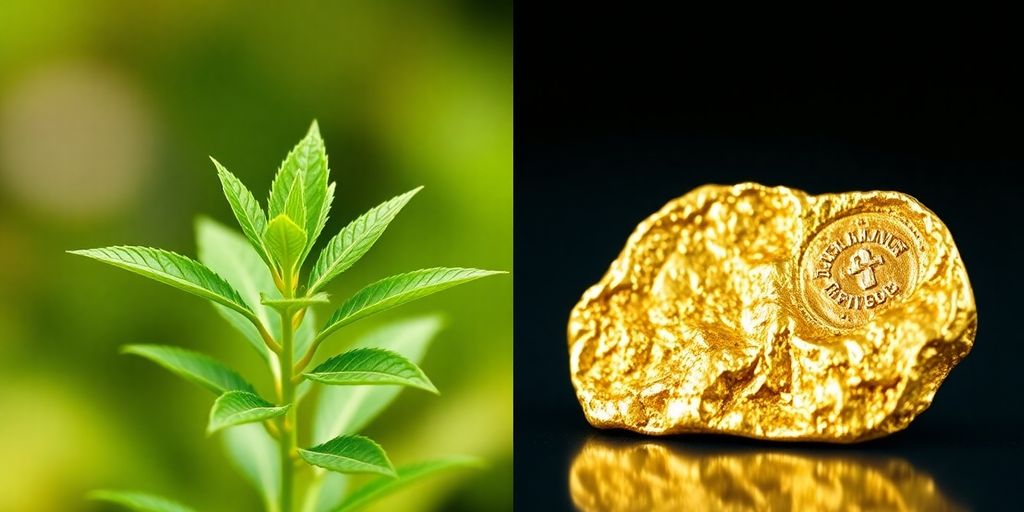 Image de plante verte et pépite d'or.