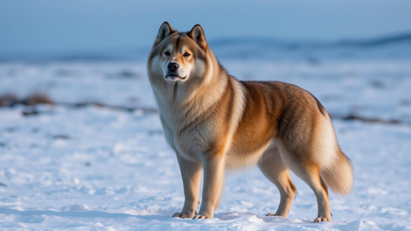 Greenland Dog in snowy landscape, showcasing its strength.