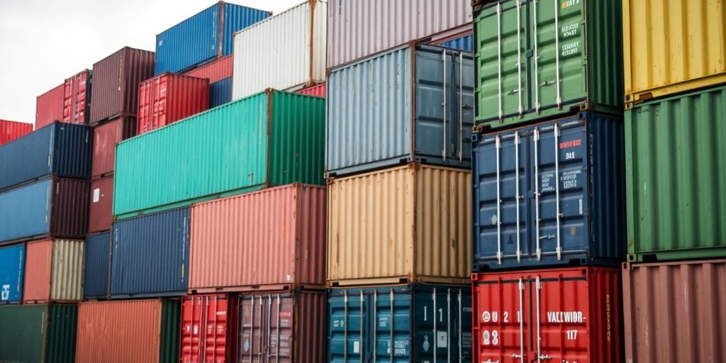 Colorful shipping containers stacked in a storage yard.
