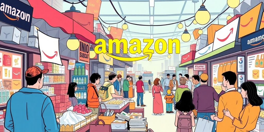 Bunte Marktszene mit Verkäufern und Kunden.