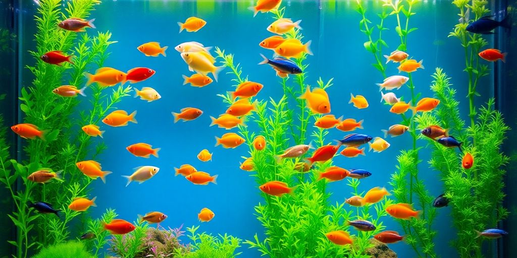 Makukulay na isda na lumalangoy sa isang masaganang aquarium.