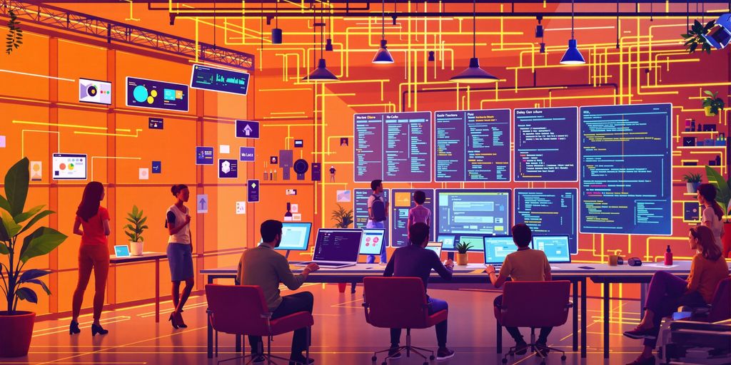 Futuristic workspace with diverse teams and digital interfaces.