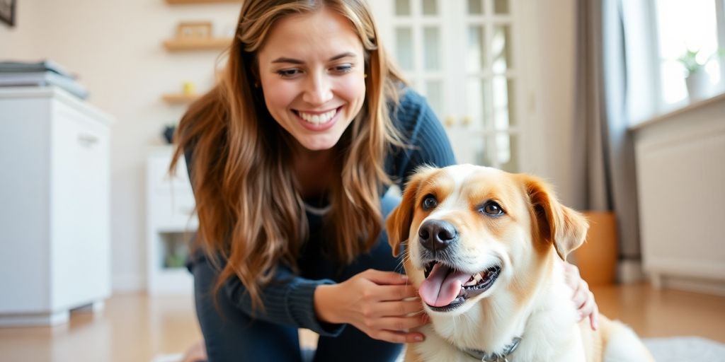 Experienced pet sitter gently petting a happy dog.