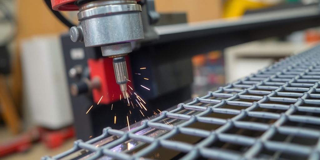 Close-up of a mesh welding machine in operation.