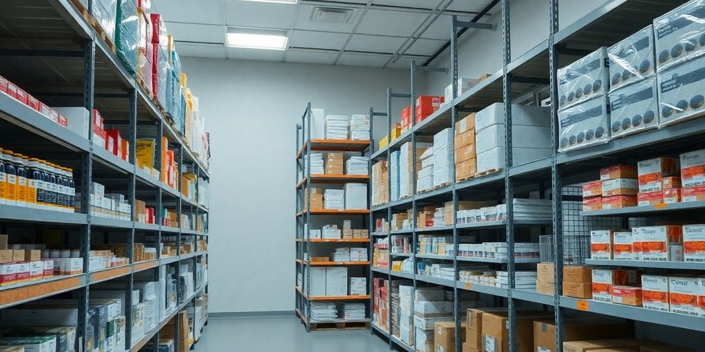 Neatly arranged inventory shelves in a well-organized room.