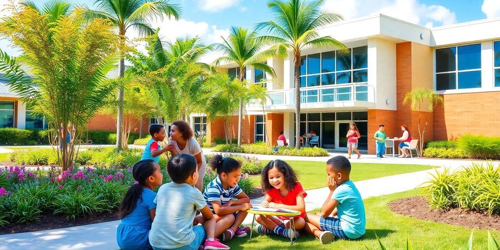 Diverse children learning outdoors in Aventura, Florida.