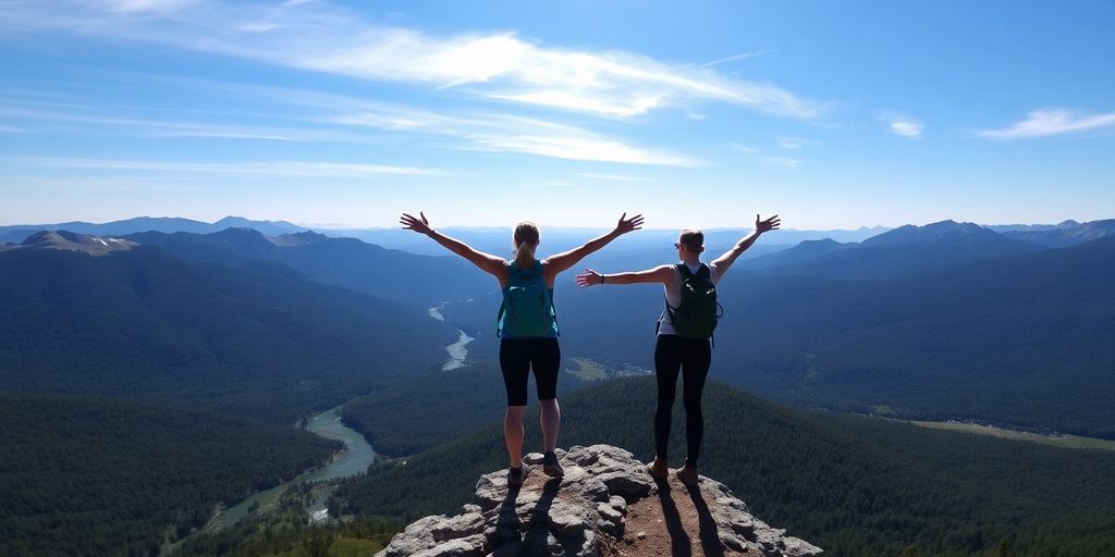 Woman standing on mountain overlooking valley, arms outstretched.