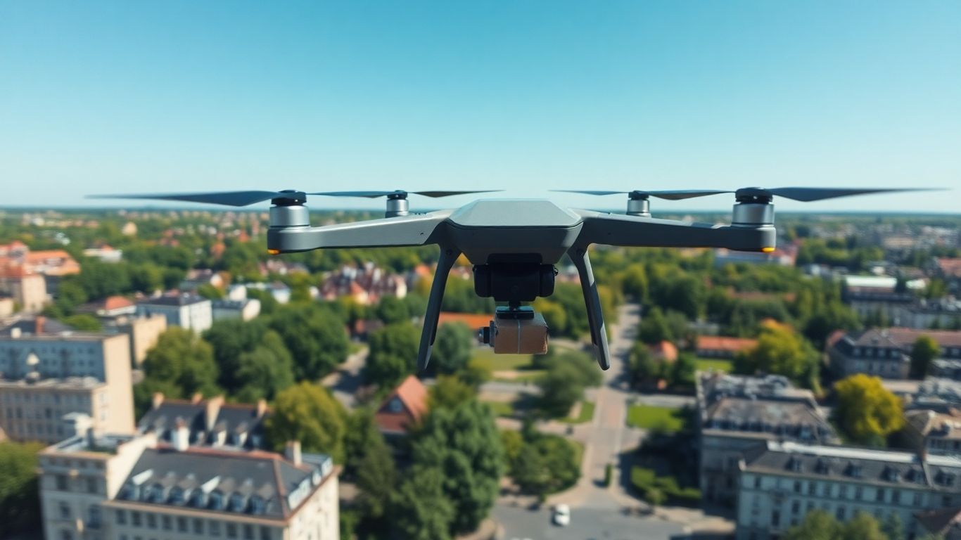 Drone volant au-dessus d'une ville belge avec un colis