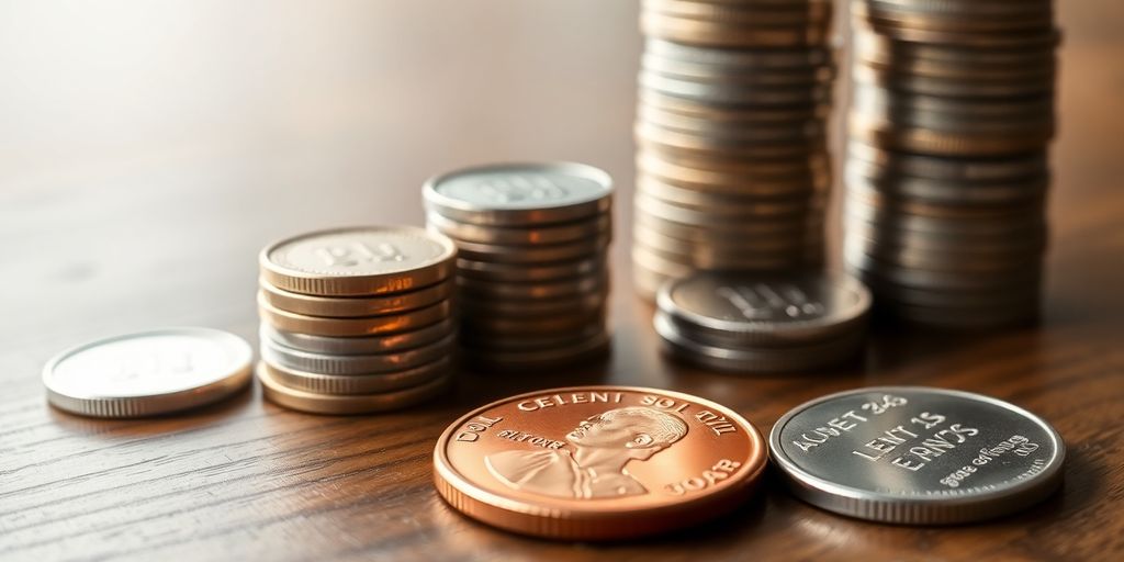 A penny on a table with growing coin piles.