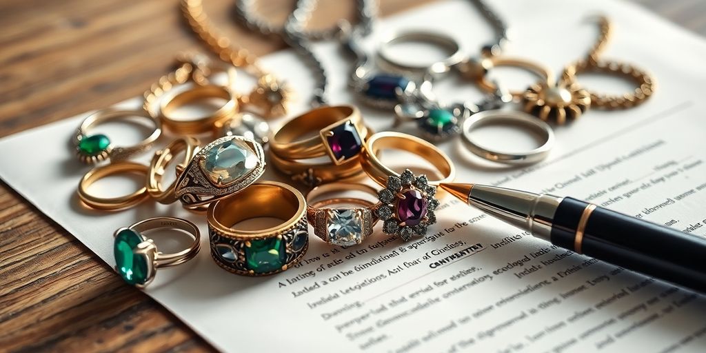 Bijoux hérités posés sur un document légal
