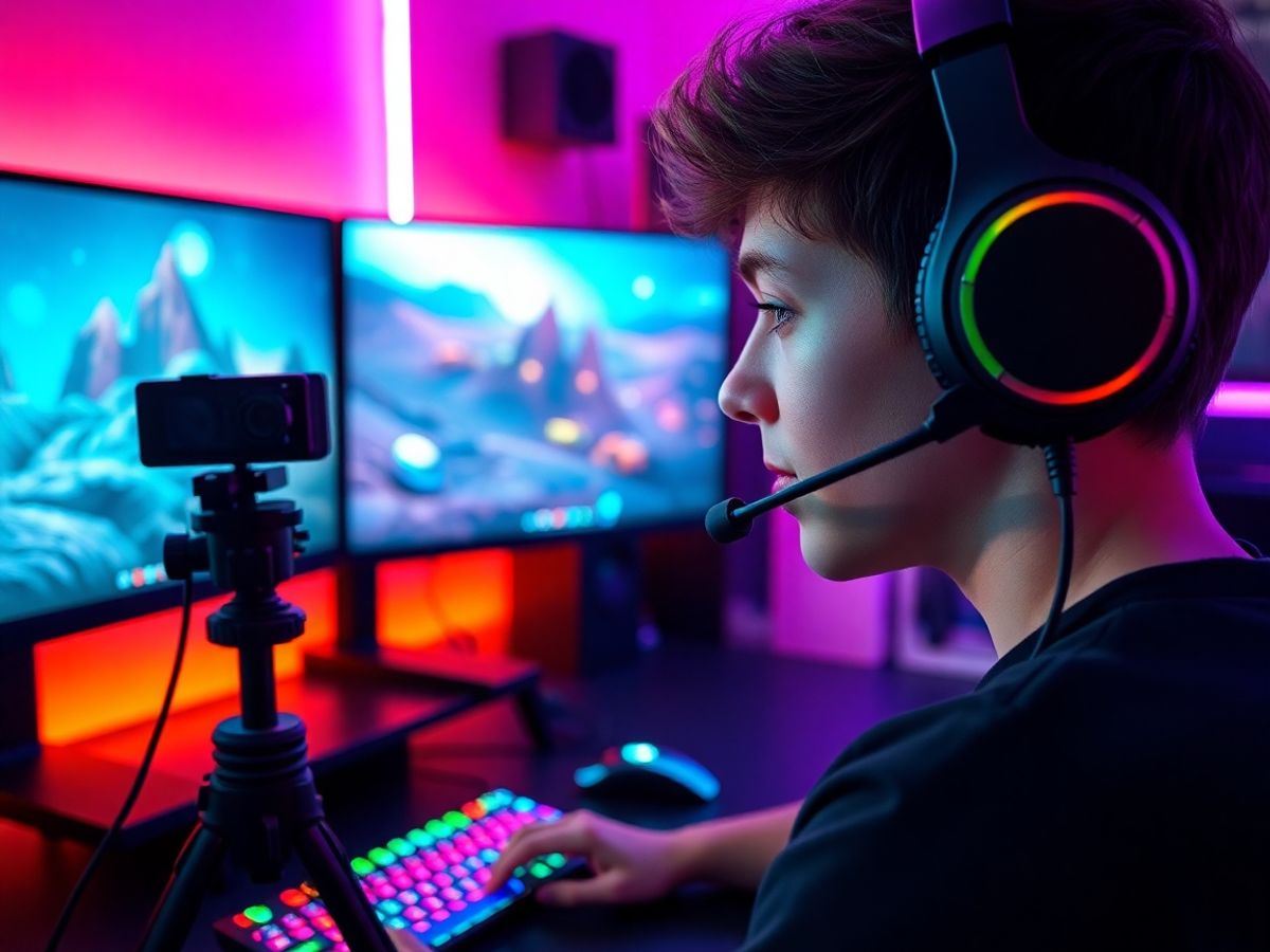 Gamer cu cască, microfon, monitoare RGB și cameră pe trepied