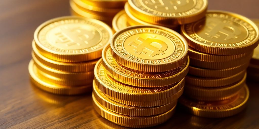Des pièces d'or brillantes empilées sur une surface en bois.