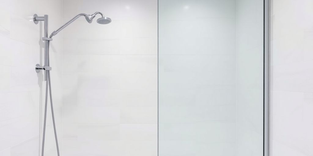 Modern shower with sleek fixtures and large tiles.