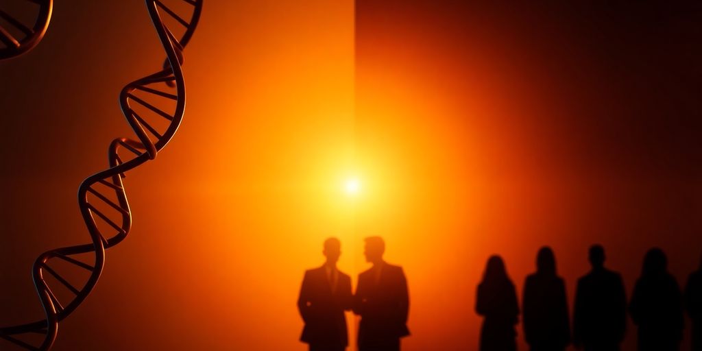 Intertwined DNA strands, silhouetted people