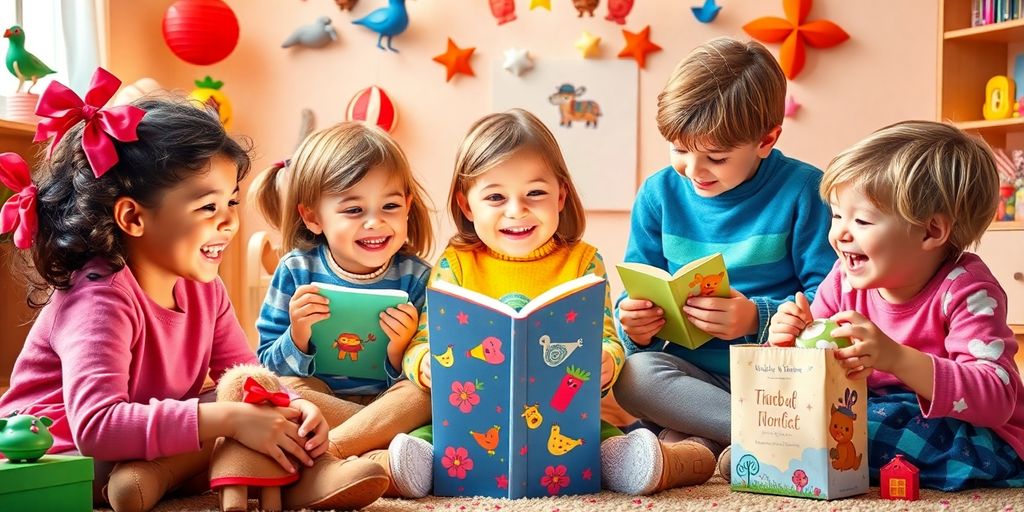 Children joyfully exploring storytelling gifts in a playful setting.