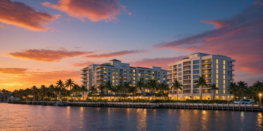 Luxury condos by the waterfront at sunset