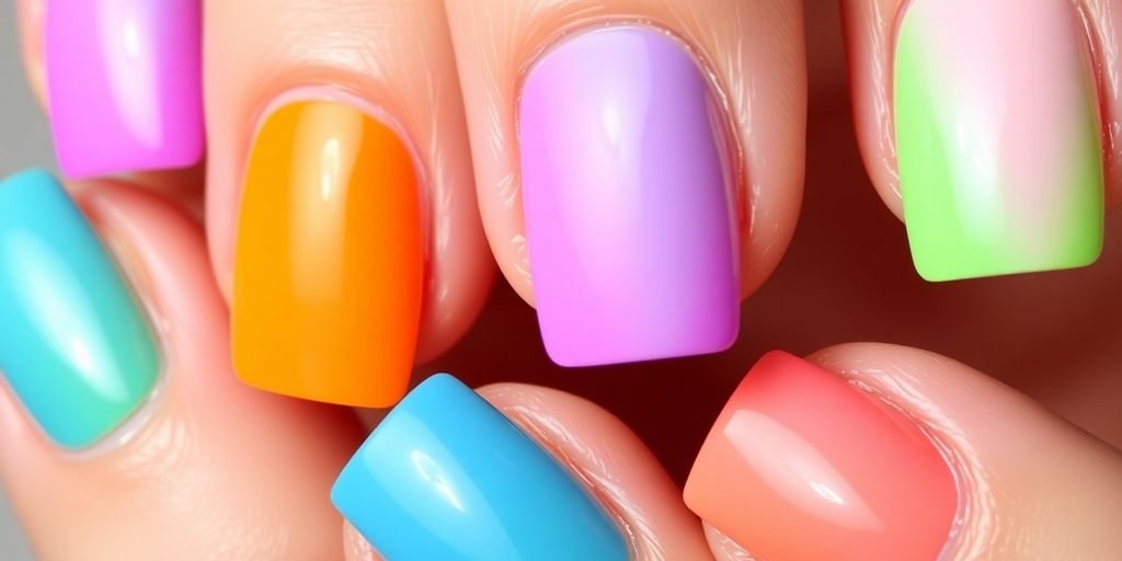 Close-up of stylish square nails in vibrant colors.