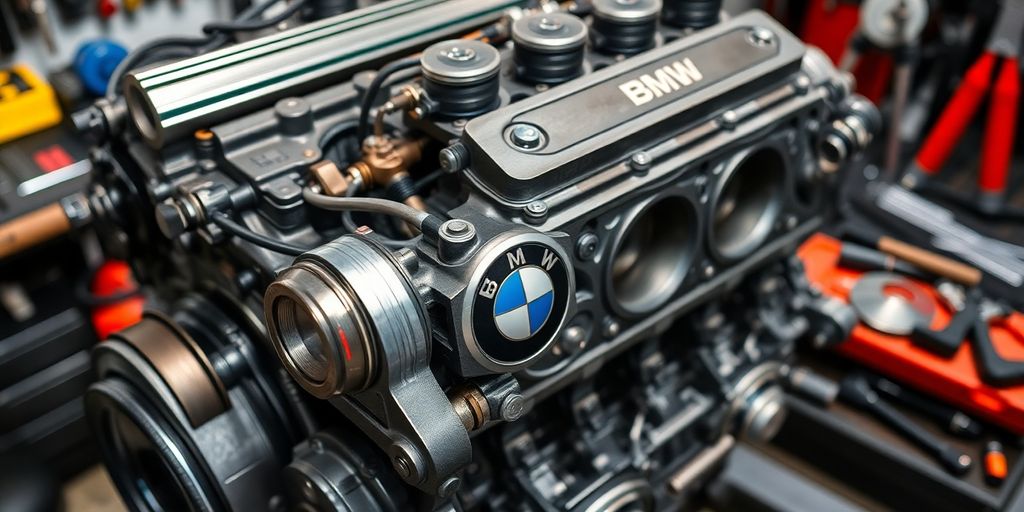 Close-up of a BMW engine rebuild process.