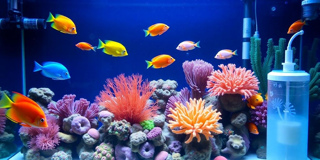 Makulay na saltwater fish tank na may protein skimmer.