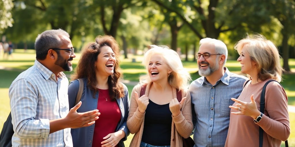Smiling friends interacting outdoors.