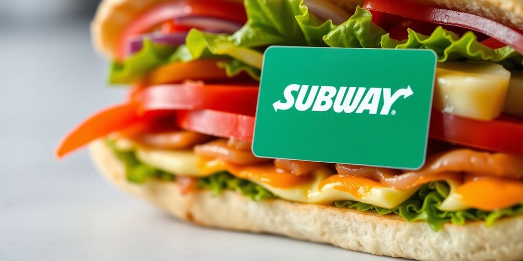 Subway gift card next to a fresh sandwich.