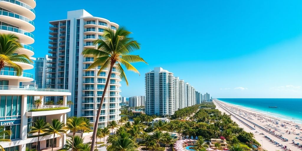 Upscale condos in Sunny Isles with beach and palm trees.