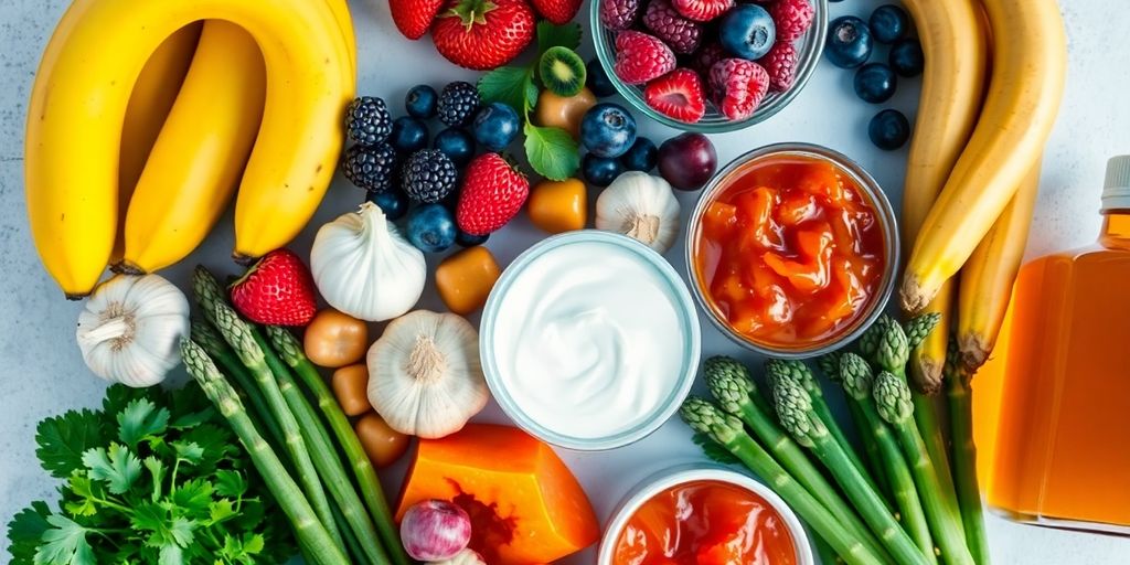 Assortment of fresh fruits, vegetables, and fermented foods.