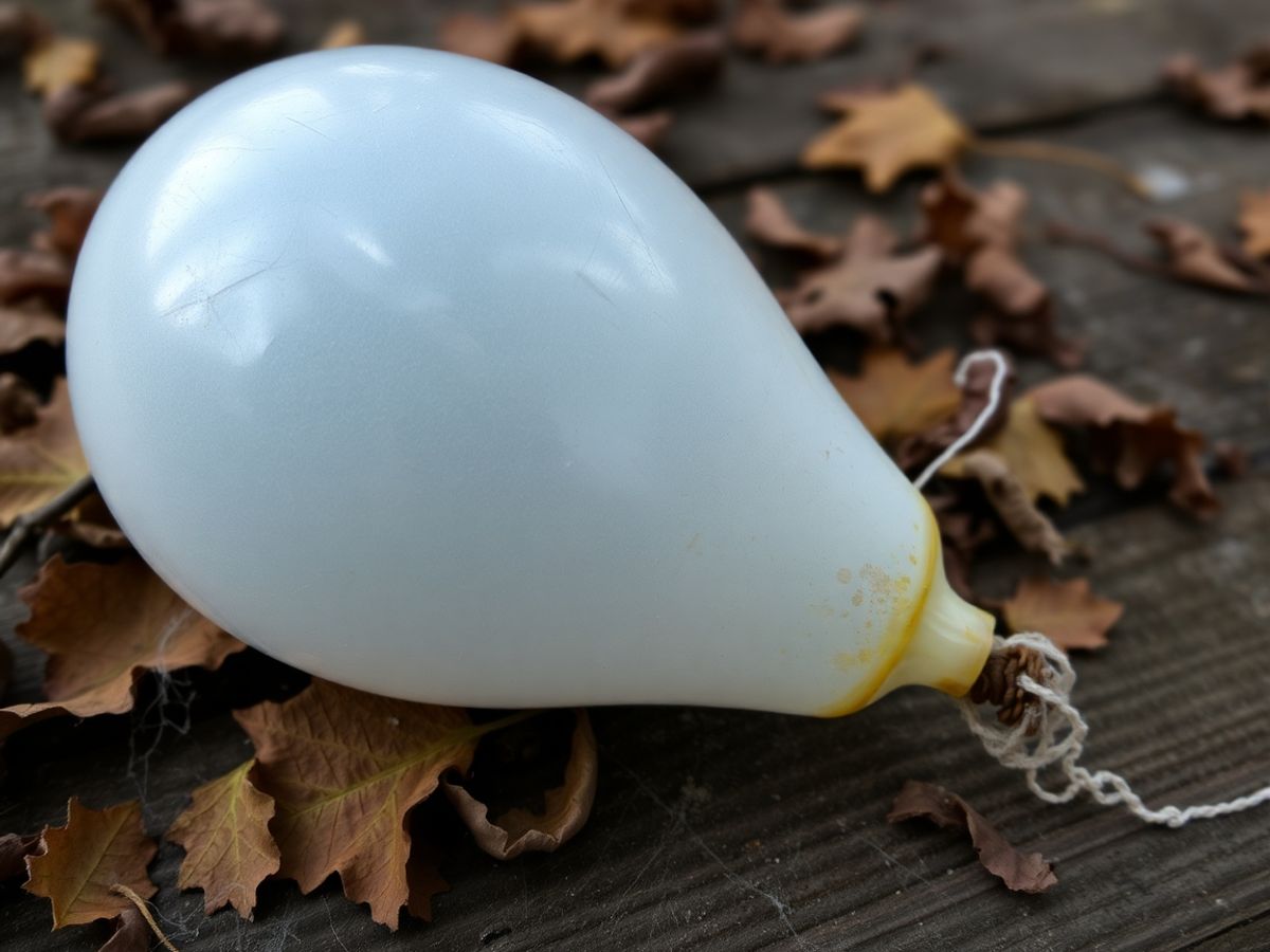 Deflated balloon on wood with dried leaves around it.