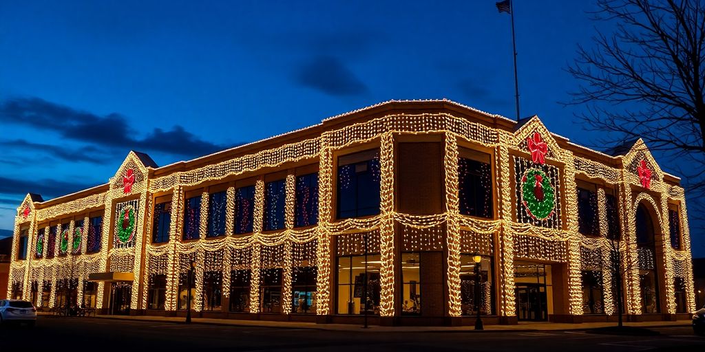 Commercial building covered in vibrant Christmas lights