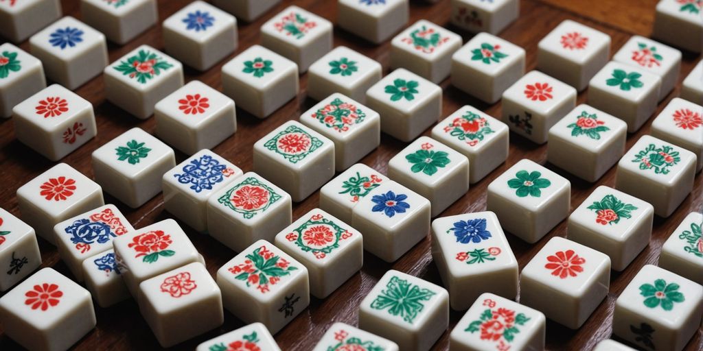 Mahjong tiles of various sizes on a wooden table.