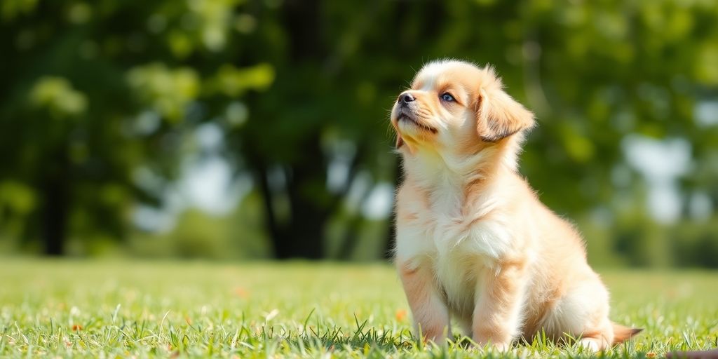 Puppy excitedly learning commands in a sunny park.