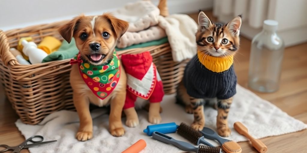 Puppy and kitten in colorful pet outfits beside grooming tools.