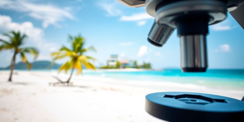 Microscope, Koh Samui beach, medical clinic, palm trees.