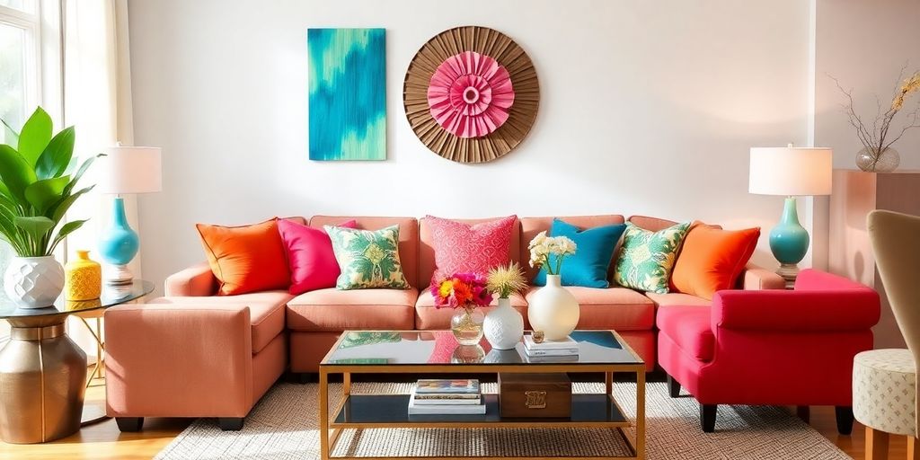 Vibrant living room filled with clearance home decor items.