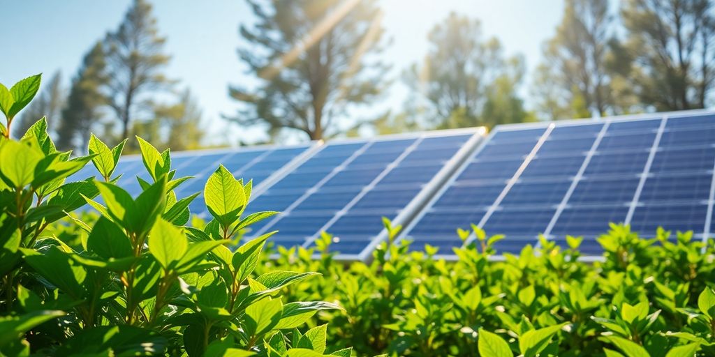 Groene lening met groeiende planten en zonnepanelen.
