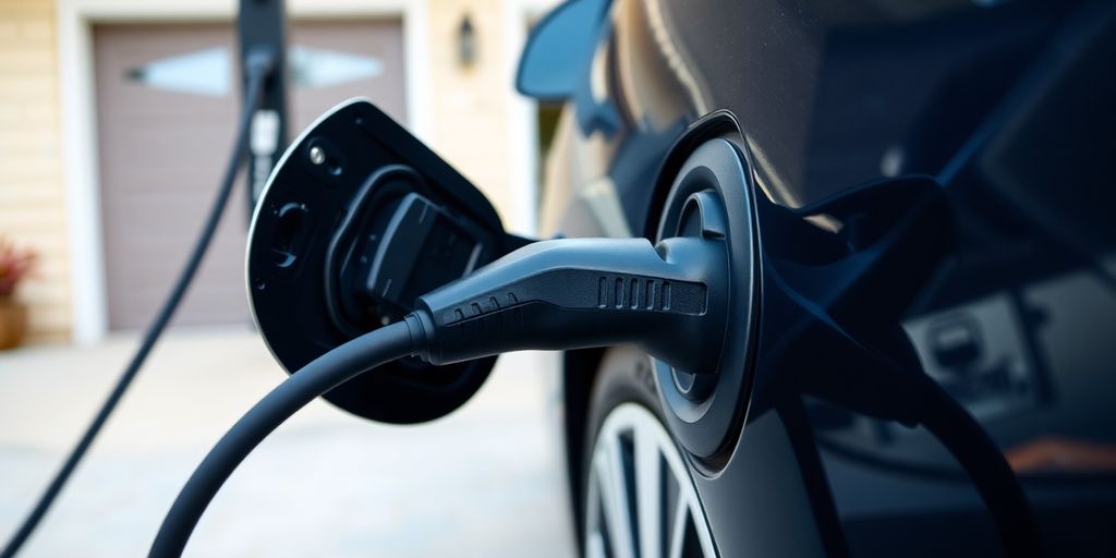 EV charging station at home, car charging.