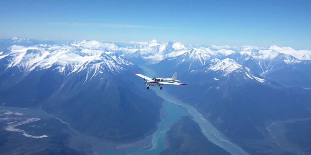 A small plane flies over a vast Alaskan mountain range.