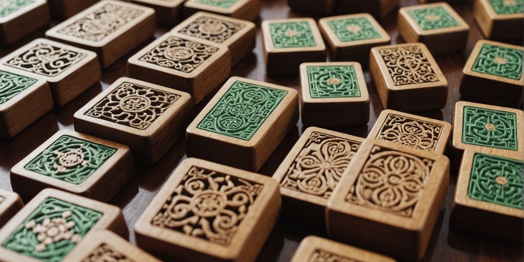 Carved wooden Mahjong tiles on a wooden table.