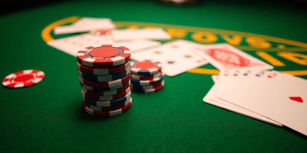 Poker chips, cards, green felt table, dim lighting.
