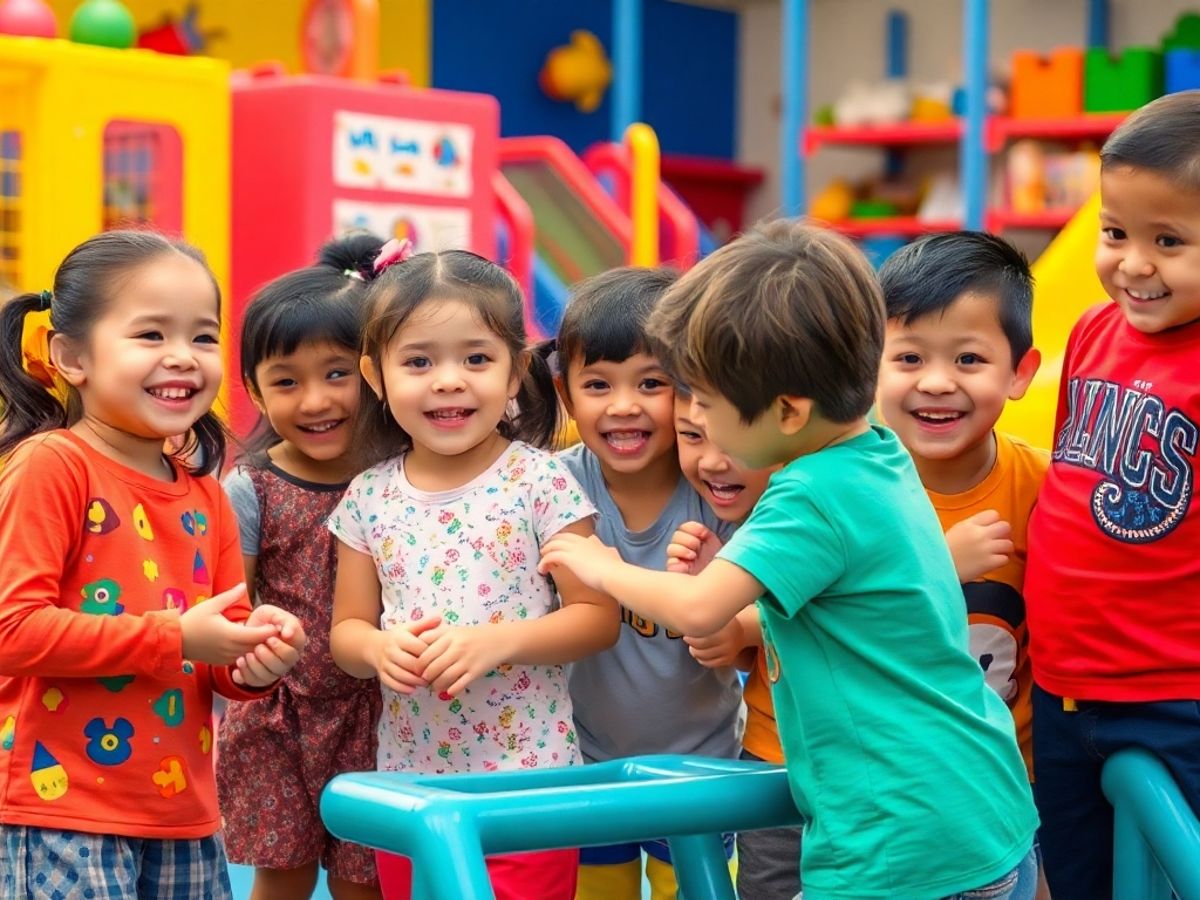 Copii jucându-se și interacționând în mediu plăcut.