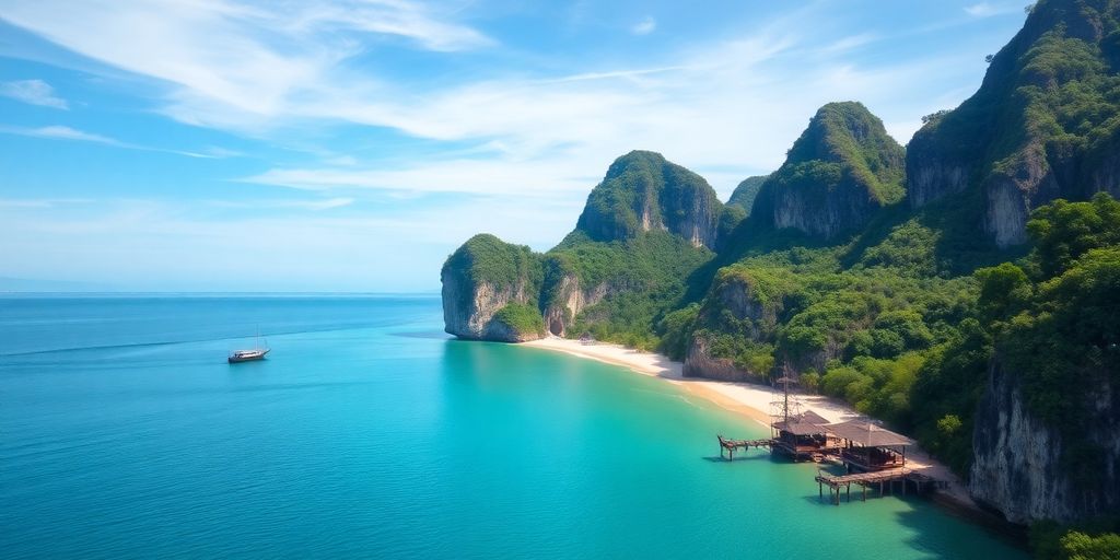 Beautiful Railay Beach with limestone cliffs and turquoise waters.