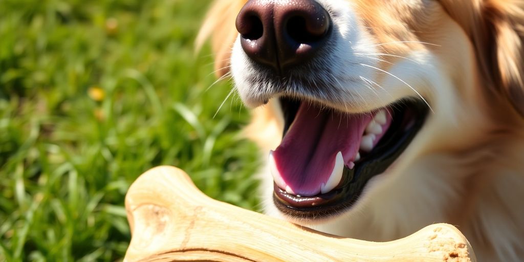 Dog enjoying a natural chew in a sunny outdoor setting.