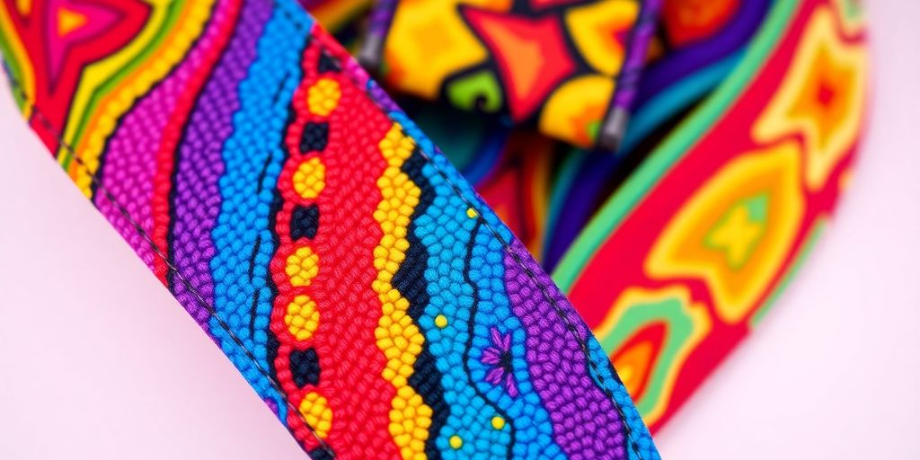 Colorful block strap for musical instruments on display.