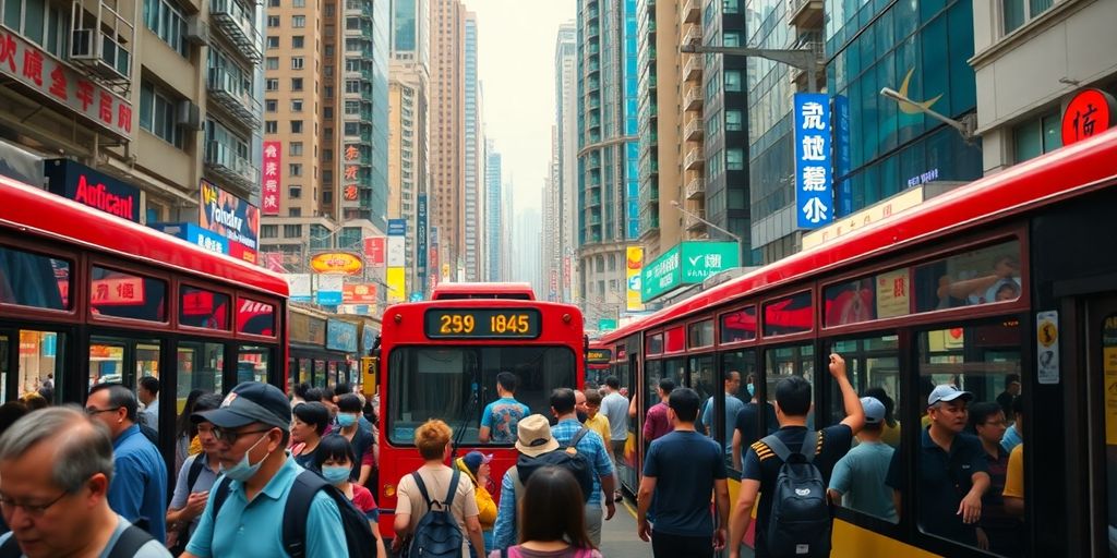 Hong Kong street with people using public transport safely.