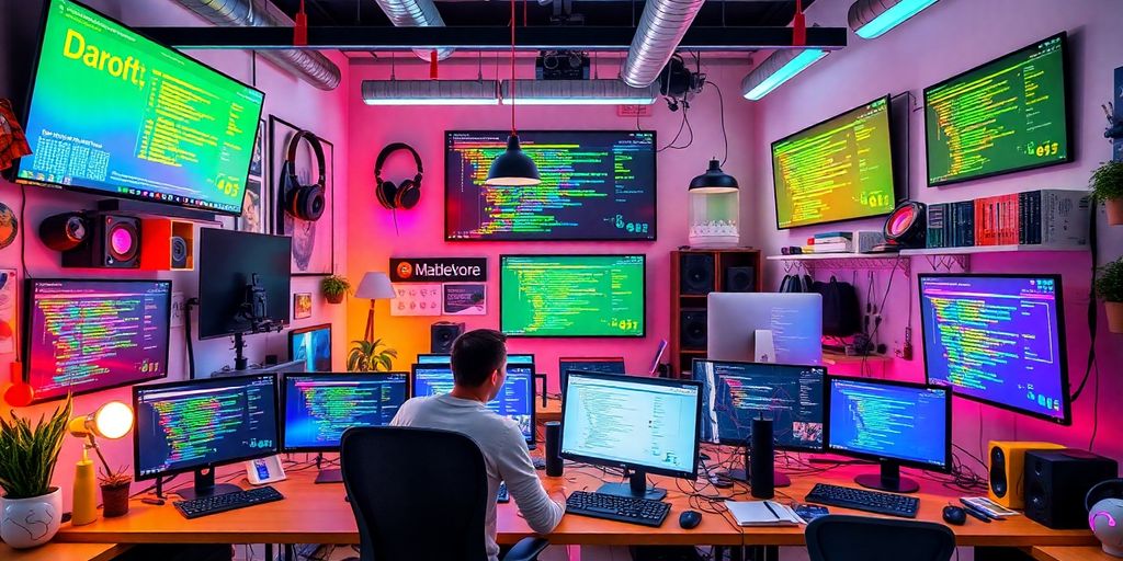 Colorful workspace with coding tools and gadgets.