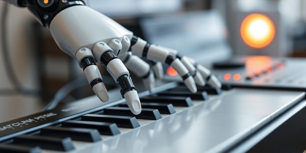 Robot hand creating music on a futuristic synthesizer.