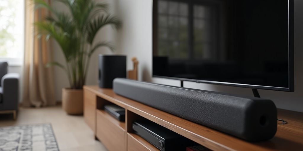 Soundbar mit Subwoofer in modernem Wohnzimmer.