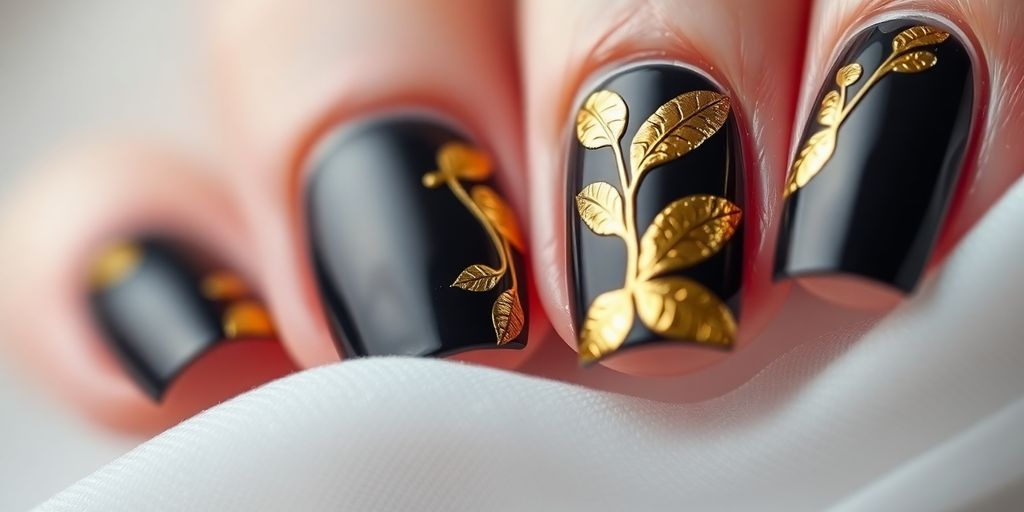 Unhas decoradas com folhas de ouro brilhantes.