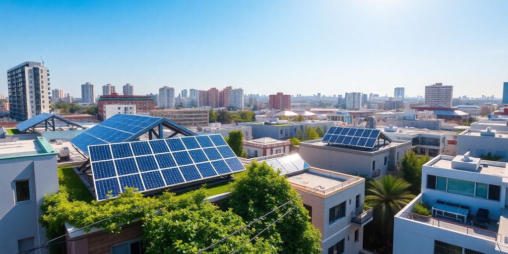 City skyline with solar panels on rooftops under sunlight.