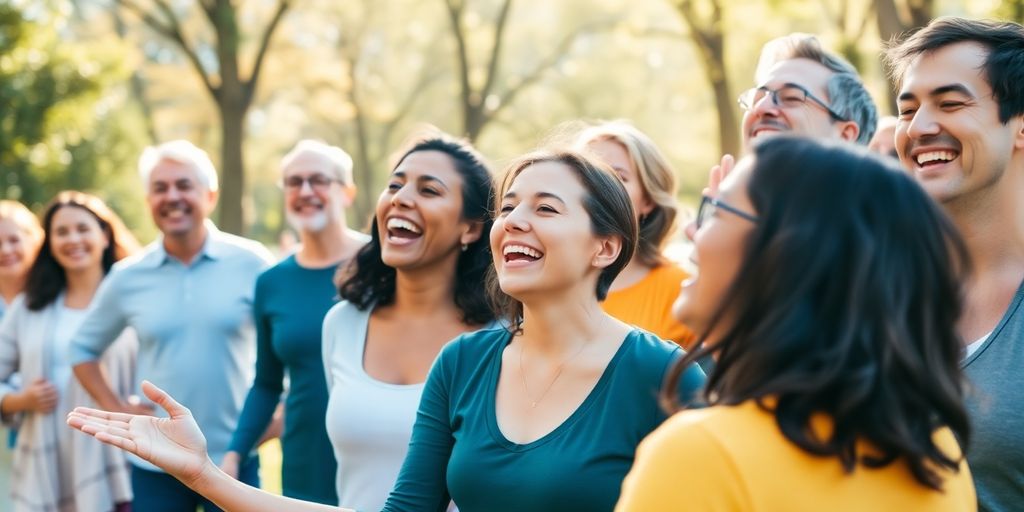 Een groep lachende mensen die lachyoga beoefenen.